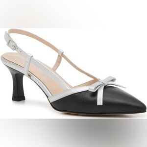 Anna Luisa Black Leather Pointed Slingback Pumps with Silver Trim